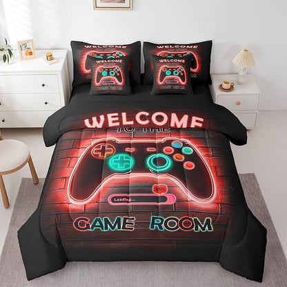 jejeloiu Red Gamer Gaming 7 Piece Bedding Set Full Size for Boys Game Console Comforter Set with Sheets Kids Teens Neon Light Bed in a Bag Cool Game Room Decor Bed Set