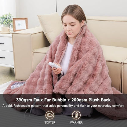 Heated Blanket Electric King- 100"x90" Soft Thick Bubble Electric Blanket for Sofa with 5 Heat Levels & 10 Hours Auto-Off Overheat Protection, Warm Cozy Gifts, Pink
