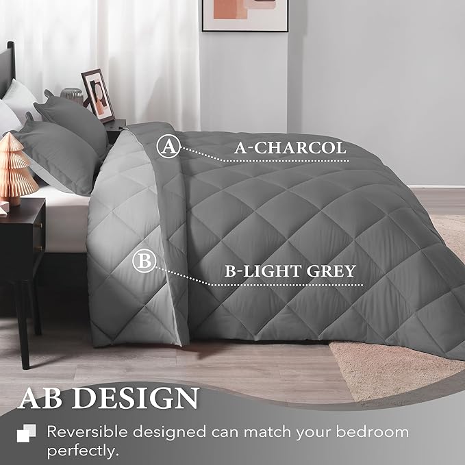 downluxe Full Size Comforter Set - Charcoal and Grey Full Comforter - Soft Bedding Sets for All Seasons -3- Piece Comforter Set Full with 2 Reversible Pillow Shams