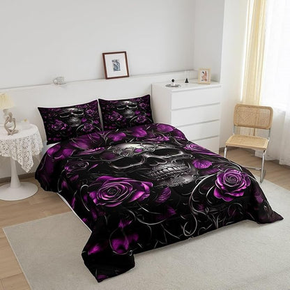 Erosebridal Adults Gothic Comforter Set Bohemian Boho Goth King Bedding Set Vintage Skull Bed Sets Violet Red Rose Baroque Victorian Romantic Rose Duvet Insert,Halloween Gothic Bedroom Decor