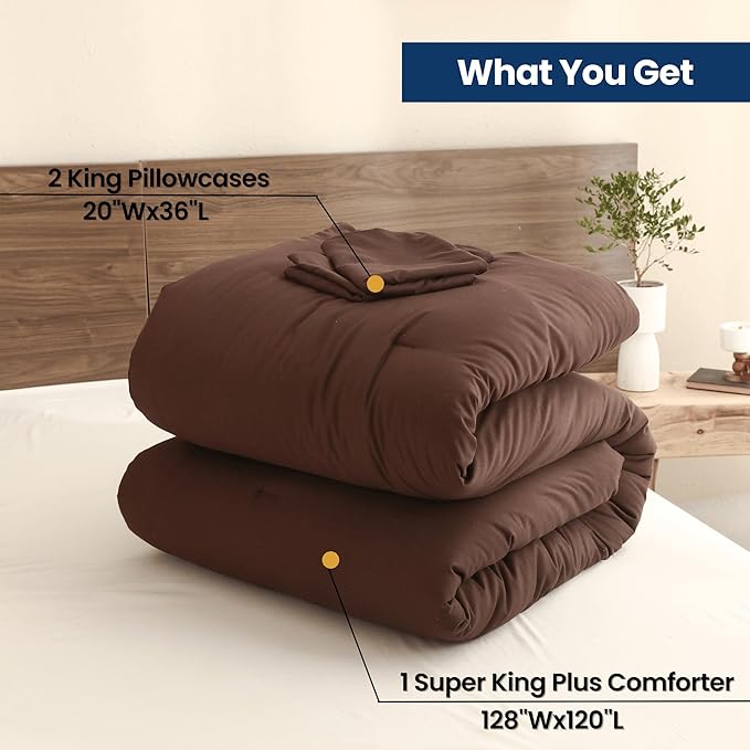 Paxrac Brown Super King Plus Comforter Set 128x120In, 3 Pieces Oversized King Comforter Set, Lightweight Solid Bedding Set, All Seasons Soft Fluffy Bed Set (1 Comforter & 2 Pillowcases)