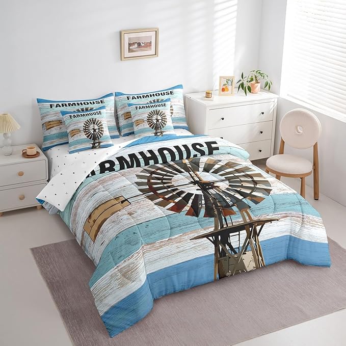 Erosebridal Full Size Windmill Comforter Set with Sheets & Pillows - 7-Piece Rustic Farmhouse Decor Bed-in-a-Bag