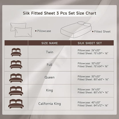 THXSILK 6A+ Top Grade 100% Pure Mulberry Silk Cal. King Fitted Sheet 3Pcs Set Bed Sheets Luxury Bedding for Hair and Skin Cooling Soft Durable, 1 Fitted Sheet with 2 Pillowcases, Grey
