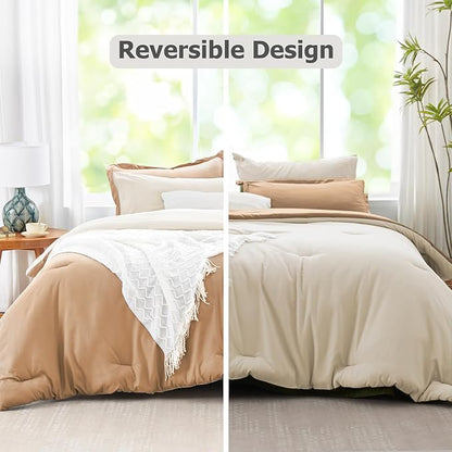 King Size Comforter Set Khaki Reversible Bedding Set, 7 Pieces Soft Bed in a Bag King with Comforter, Sheets, Pillowcases & Shams, All Season Boho King Bed Set