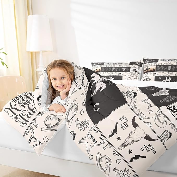 Western Cowboy Kids Comforter Set Queen Size,Cowboy Boots Horseshoe Farmhouse Bedding Set,Boys Girls Adults Room Decor,Cow Skull Cactus Rustic Down Comforter,Beige Retro Duvet Insert,2 Pillowcases