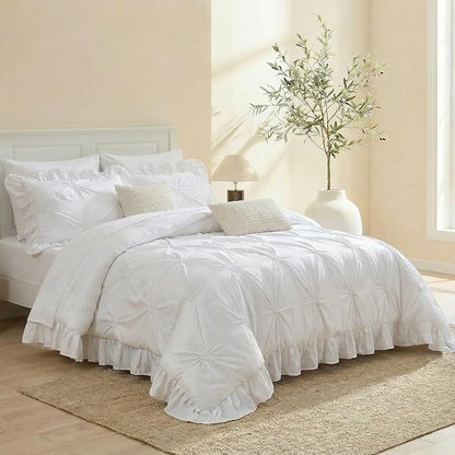 Bedbay White Ruffle Comforter Set King Size Ruched Bedding 9 Pcs King Bed in a Bag Pintuck Pinch Pleat Bedding Set Elegant Ruffle Farmhouse Boho Comforter Bed Set for All Seasons