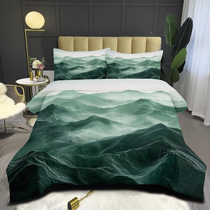 Emerald Green Comforter Set Queen Size Green Mountain Bedding Set for Kids Girls Boys 3 Pieces Nature Landscape Bedding Soft Lightweight Down Comforter with 2 Pillowcases