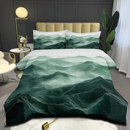 Emerald Green Comforter Set Queen Size Green Mountain Bedding Set for Kids Girls Boys 3 Pieces Nature Landscape Bedding Soft Lightweight Down Comforter with 2 Pillowcases