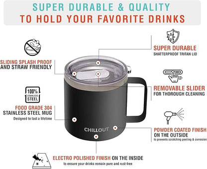 CHILLOUT LIFE Stainless Steel 16 oz Vacuum Insulated Coffee Mug with Handle and Lid, Large Thermal Camping Coffee Mugs with Sliding Lid for Men & Women - Keeps your Beverages Hot/Cold, 2 Pack