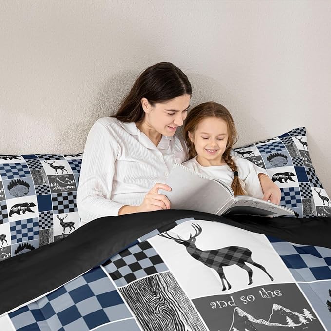 Adult Cabin Comforter Set King, Retro Rustic Lodge Bedding Set Bear Deer Elk Duvet Insert Country Checkered Buffalo Plaid Patchwork Down Comforter Christmas Deer Decorations Indoor, Blue Grey