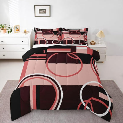 Retro Swirls Bedding Set - King Size Geometric Circles Square Comforter & Duvet Set for Kids, Girls & Teens - Vintage Graphic Patchwork Quilted Comforter in Red, Black & Grey - Soft Microfiber