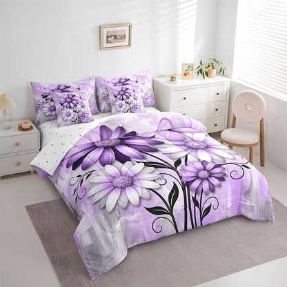 Feelyou Purple Floral Comforter Set with Sheets 7 Piece Full Size Daisy Blossom Flowers Pattern Bedding Set for Kids Boys Girls Abstract Geometric Art Bed in a Bag Room Decor Microfiber