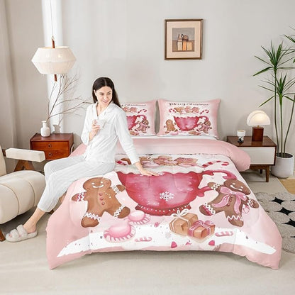 Gingerbread Men Comforter Set Twin Size,Candy Coffee Bedding Sets 2Pcs for Kids Girls Boys Women Room Decor,Pink Bowknot Duvet Insert Pink Christmas Down Comforter,1 Pillowcase