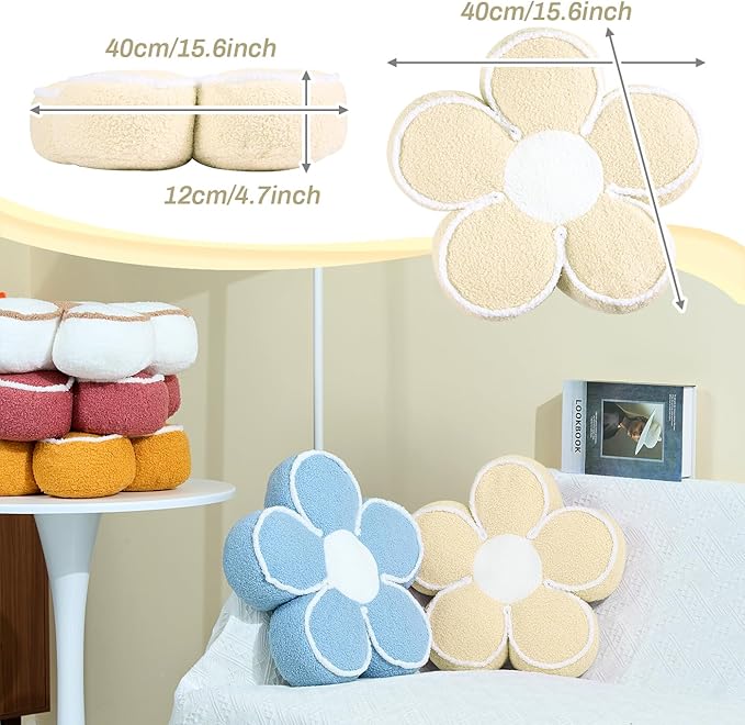 Sioloc Flower Shaped Pillow Daisy Pillows Floor Cushion Pastel Cute Seat Cushions Aesthetic Classroom Dorm Decorative Fun Throw Pillow for Bed,Couch(Beige,15.7")