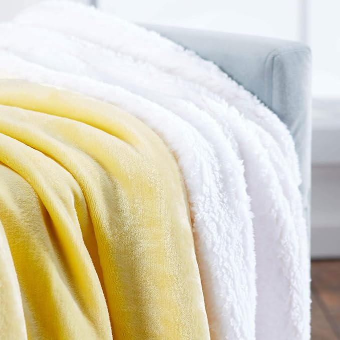 Genteele Sherpa Throw Blanket Super Soft Reversible Ultra Luxurious Plush Blanket, 90 x 90 inches, Yellow/White