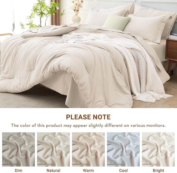 MUXHOMO 7 Pieces Full Comforter Set, Soft Bed in a Bag Full Size, All Season Bedding Set with Comforter, Flat Sheet, Fitted Sheet, Pillowcases & Shams, Beige