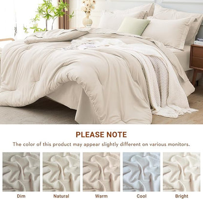 MUXHOMO 7 Pieces Queen Comforter Set, Soft Bed in a Bag Queen Size, All Season Bedding Set with Comforter, Flat Sheet, Fitted Sheet, Pillowcases & Shams, Beige