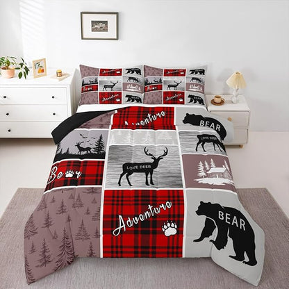 Erosebridal Rustic Plaid Patchwork Comforter Set Full, Hunting Bear Deer Bedding Set Country Farmhouse Vintage Duvet Insert Woodland Wild Animal Grid Claw Quilt Adventure Camping Bedroom Decor, Red