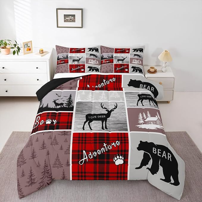 Erosebridal Rustic Plaid Patchwork Comforter Set King, Hunting Bear Deer Bedding Set Country Farmhouse Vintage Duvet Insert Woodland Wild Animal Grid Claw Quilt Adventure Camping Bedroom Decor, Red