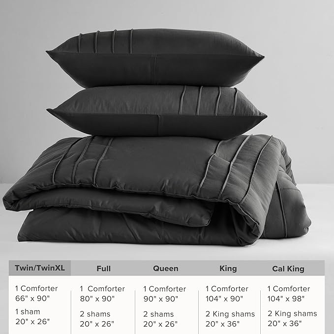 Comfort Spaces Black Twin Size Comforter Set - 2 Pieces Pintuck Pleated Bedding Sets Twin, All Season Lightweight, Extra Softness Pre-Washed Microfiber Twin Bed Set, Shams, Twin/Twin XL