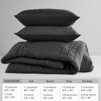 Comfort Spaces Black Twin Size Comforter Set - 2 Pieces Pintuck Pleated Bedding Sets Twin, All Season Lightweight, Extra Softness Pre-Washed Microfiber Twin Bed Set, Shams, Twin/Twin XL