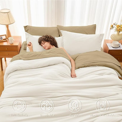 MUXHOMO 7 Pieces Queen Comforter Set, Soft Bed in a Bag Queen Size, All Season Bedding Set with Comforter, Flat Sheet, Fitted Sheet, Pillowcases & Shams, Ivory & Khaki