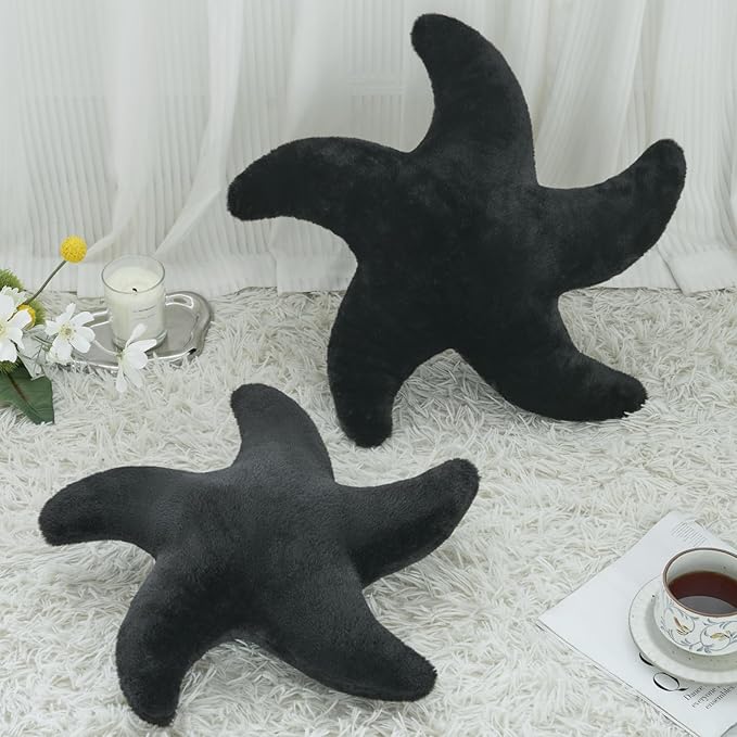 Starfish Pillow, Cute Decorative Pillows for Couch Bed, Aesthetic Room Decor Accent Pillow Plush with Soft Faux Rabbit Fur for Bedroom Living Room (Black, 19.6 Inches)