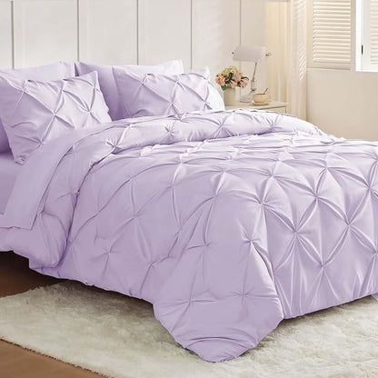 JOLLYVOGUE Full Size Comforter Sets 7 Pieces - Bed in a Bag Full for All Season, Pintuck Bedding Comforter Sets with Comforter, Flat Sheet, Fitted Sheet and Pillowcases & Shams, Light Purple