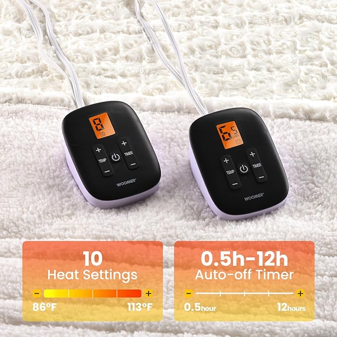 WOOMER Heated Blanket King Size 100" x 90", Electric Blanket with Dual Controls, 0.5-12 Hours Timer & 10 Heating Levels, ETL Certified, White Rose Patterns Faux Fur & Sherpa, Machine Washable