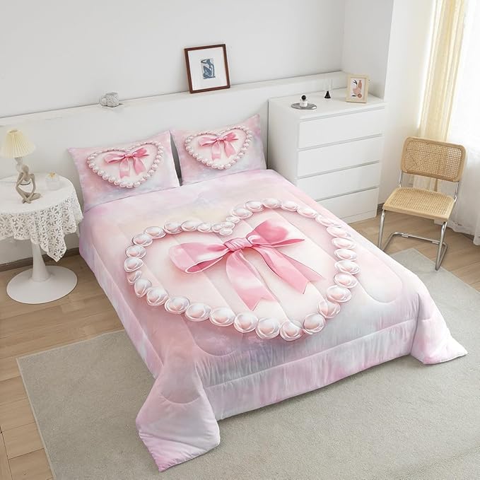 jejeloiu Girls Silk Bow Bedding Set Toddle Size Pink Pearl Comforter Set for Kids Women Princess Style Duvet Set Pink Ombre Quilt Set 2Pcs
