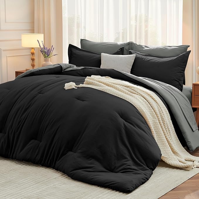 MUXHOMO 7 Pieces Full Comforter Set, Soft Bed in a Bag Full Size, All Season Bedding Set with Comforter, Flat Sheet, Fitted Sheet, Pillowcases & Shams, Black & Grey