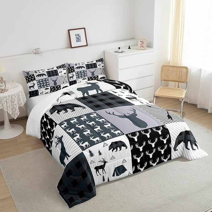 Feelyou Rustic Deer Bear Comforter Set King, Camping Hunting Comforter Set for Kids Western Farmhouse Comforter Bear Antler Silhouette Duvet Set Breathable Quilt Set 3Pcs