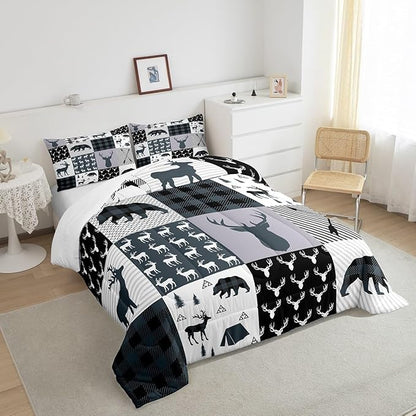 Feelyou Rustic Deer Bear Comforter Set King, Camping Hunting Comforter Set for Kids Western Farmhouse Comforter Bear Antler Silhouette Duvet Set Breathable Quilt Set 3Pcs