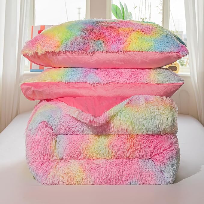 chovy Faux Fur Plush Tie-Dyed Pink Comforter Sets Twin/Full Size - Ultra Soft Shaggy Flannel Velvet Fluffy Fuzzy 3PC Bedding Set （Comforter x 1 Pillowcases x 2）