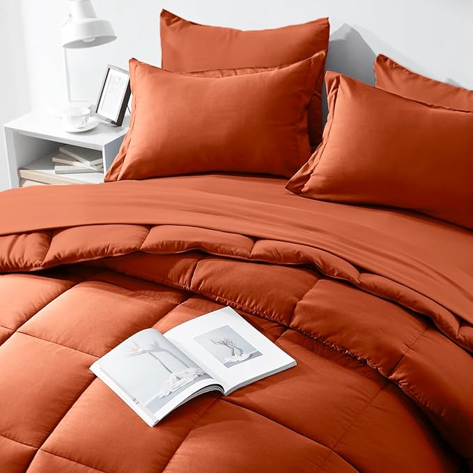 COZYART Full Comforter Set 7 Pcs, Burnt Orange Bed in a Bag, All Season Lightweight Soft Reversible Bedding Sets, 1 Comforter, 1 Flat Sheet, 1 Fitted Sheet, 2 Pillow Shams, 2 Pillowcases