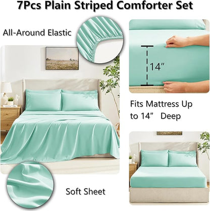 CozyLux Queen Comforter Set Mint Green, 7 Pieces Bed in a Bag, Green Comforter Queen Size, All Season Bedding Sets with Stitch Quilted Comforter, Flat Sheet, Fitted Sheet, Pillowcases