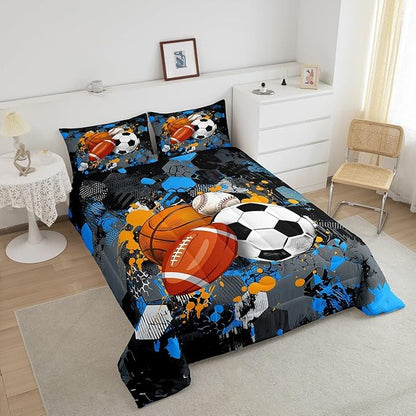 Feelyou Basketball Comforter Set Queen Size Baseball Comforter for Boys Girls Teens Football Bedding Set Sports Game Duvet Set Room Decor Balck Grey Blue Mixed Ball Quilt Set