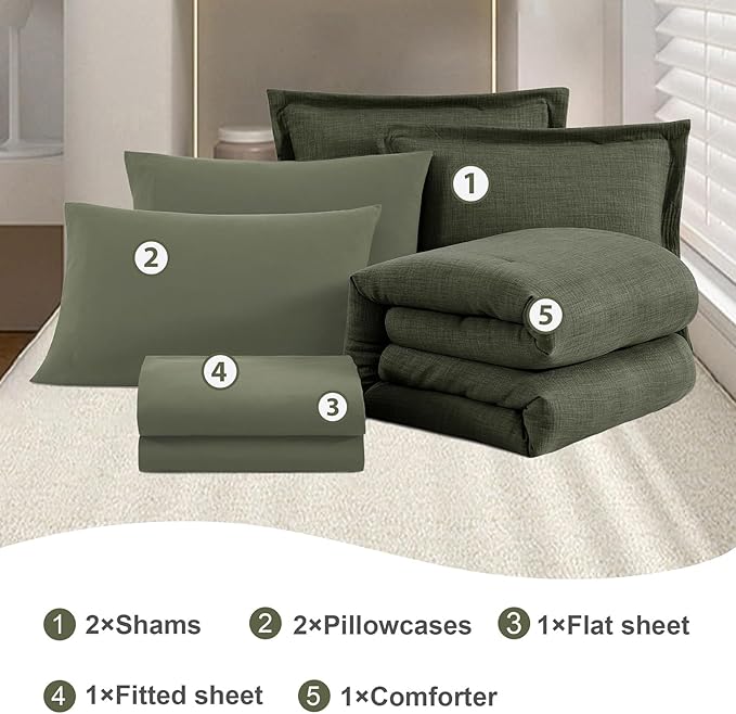Geniospin Oversized King Comforter Set - 7 Pieces Comforter Oversized King, Soft Solid Bedding Set for All Season, Textured Bed in a Bag with Sheets, Pillowcases & Shams (Dark Green, 120''x98'')