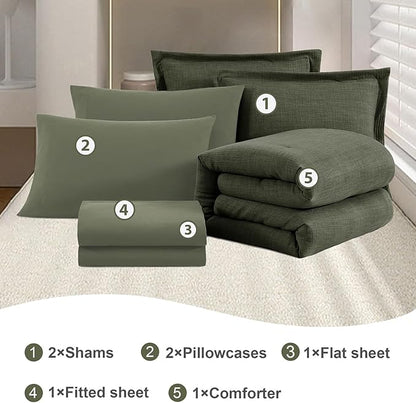 Geniospin California King Comforter Set - 7 Pieces Comforter King Size, Soft Solid Bedding Set for All Season, Textured Bed in a Bag with Sheets, Pillowcases & Shams (Dark Green,104''x96'')