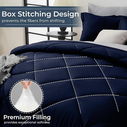 HEVUMYI King Comforter Set - 7-Piece All Season Bed in a Bag King, Ultra Soft Bedding Set with Comforter, Flat Sheet, Fitted Sheet, Pillowcases, Pillow Shams, Navy Blue & Light Grey