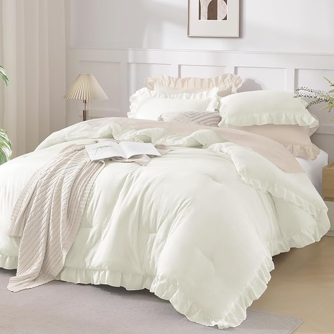 Andency Ivory Comforters Queen Size, 3 Pieces Solid Shabby Chic Farmhouse Bedding Comforters & Sets, Lightweight Fluffy All Season Soft Down Alternative Bed Set for Women Men