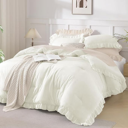 Andency Oversized King Comforter Set 128x120, 3 Pieces Ivory Ruffle Shabby Chic Famhouse Bedding Set for Women, Lightweight Fluffy Super King Plus Bed Set for Girls