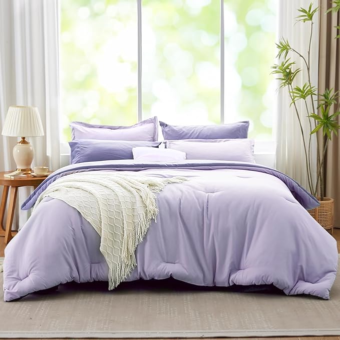 Purple Lavender Comforter Set, 7 Piece Soft Bed in a Bag - Reversible Bedding Set, Assortment of Sheets, Pillowcases & Shams, All Seasons Boho Queen Bed Set