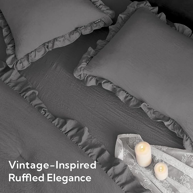 MR&HM King Size Comforter Set Dark Grey, Comforter Set 7 Pieces for Girls Women, Shabby Chic Vintage Cottagecore Bed Sets Elegance Boho Bed in a Bag, Ultra-Soft & Fluffy Comforter for All Season