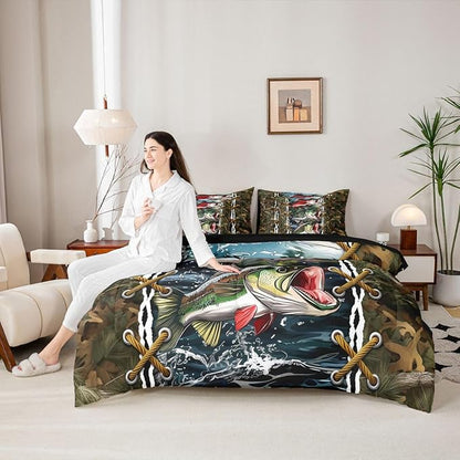 Camo Bedding Set Bass Pike Fish Bed in a Bag King Size Comforter Set 7 Pieces | Mens Hunting Country Comforter and Sheet Set, Woodland Animals Camouflage Cabin Bed Sets,Rustic Farmhouse Decor