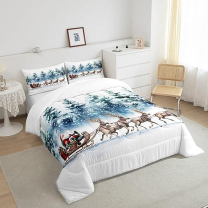 Santa Claus Bedding Set Full Size,Elk Sledge Comforter Set 3Pcs for Kids Boys Girls Teens Room Decor,Pine Tree Jungle Quilt Set Winter Snowflake Blue White Duvet Insert,2 Pillowcases