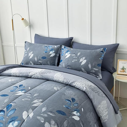 Anibedding Blue Comforter Set California King Size 7 Piece Navy Botanical Gradient Leaves Ultra Soft Lightweight Reversible Microfiber Bedding Comforter Set for All Season
