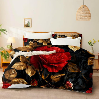 Floral Comforter Set Queen Black Red Botanical Flower Bedding Set Modern Aesthetic Bedding Sets Soft Lightweight Microfiber Comforter Sets for All Season