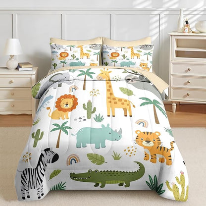 Nesker 7 Pcs Comforter Set Full Size, Cute Wild Animals Colorful Bedding Set for Kids and Adults, Lion Elephant Giraffe Cartoon Bed Sheet Sets with Fitted Sheet 2 Pillowcases & 2 Shams