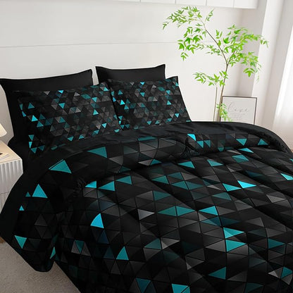 Geometric Turquoise Black Triangle Full Comforter Set, Light Honeycomb Bedding Set 7 Piece in A Bag,Bed Sheet Set Geometry Decor,Microfiber Lightweight All Season